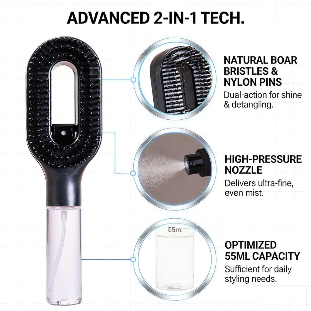 Brosse démêlante 2en1 - flacon vaporisateur intégré rempli d'eau