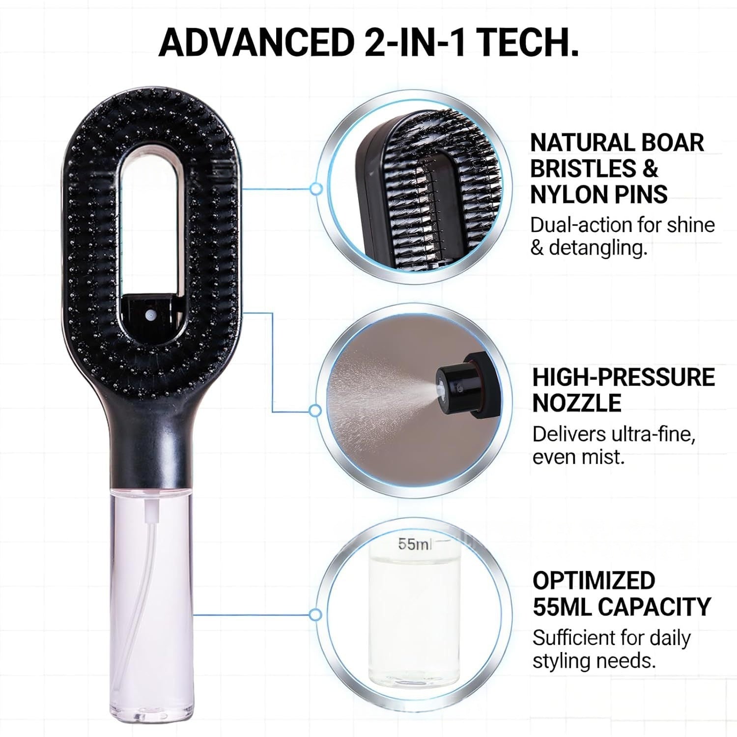 Brosse démêlante 2en1 - flacon vaporisateur intégré rempli d'eau